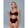 Woman modeling red lace lingerie set with black trim, featuring busty illusion design for small bust.