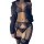 Woman wearing black lace lingerie set with garter belt, stockings, and open-crotch design — seductive 3-piece costume.