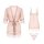 Sensual sheer lace sleepwear set featuring a robe, camisole, and thong in soft pink. modest yet alluring 3-piece lingerie out...