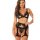 Woman modeling black lace lingerie set with eyelash trim, featuring a bra and garter belt for an intimate look.