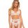 Woman modeling a white lace lingerie set with eyelash trim, featuring a bra and garter belt.