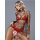 Woman wearing red sexy lace see-through lingerie set with floral embroidery and sheer mesh overlay.