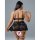 Woman wearing black sheer mesh lace lingerie set with thigh rings, featuring a bra, skirt, and garter straps.