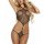 Woman wearing black mesh sujing lingerie set with halter top and thong.