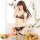 Woman modeling black suoqing lace lingerie set with peekaboo bra, open-crotch thong, and fishnet stockings in floral room.