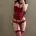 Womens red lace mesh shapewear set featuring a sexy 3-piece bodysuit with cut-out details and garter straps.