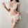 Woman modeling white yan yan sexy lingerie set, a 3-piece maid costume with ruffled bra, shorts, and garter belt for seductiv...