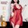Model wearing yi ying plus size lingerie set: sheer red bridal sleepwear with pearls, a 3-piece wedding ensemble.