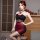 Woman wearing a black and red sheer mesh bodycon dress with 3d floral halter top, styled as seductive lingerie.
