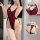 Woman modeling red qqny sensual lingerie with gold foil, deep v-neck, lace trim, and side ties for a flattering fit.