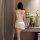 Feiniao moon gaze sexy one-piece slip dress - deep v plunge ruched lace sleepwear for women, showcased from the back with ele...