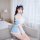 A woman poses in a cute maid costume, featuring a blue and white lace-trimmed outfit with a bow headband. perfect for cosplay...