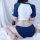 A woman sits facing away from the camera wearing a blue and white swimsuit set, featuring a crop top with rolled sleeves and ...