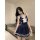 A stylish navy schoolgirl dress with white trim and bow detail, perfect for a cute and sexy look.