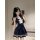 Navy schoolgirl dress with white bow, sheer waist cinching design, cute and sexy outfit for self-portrait.