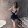 Mazino bikini set featuring a plunging crop top with mazino branding and a pleated skirt, perfect for cosplay, night out, and...