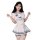 A woman wearing a white sailor-style costume with blue accents, featuring a short-sleeved top and pleated skirt, suitable for...