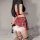 Sexy sailor uniform costume for women featuring a black crop top with red laces, plaid skirt, fishnet stockings, and playful ...