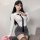 Sexy white blouse with black tie, paired with a form-fitting gray skirt, perfect for nightclub, secretary, or teacher rolepla...