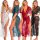Four women showcase elegant lace sleepwear sets featuring deep v-necks, high slits, and long robes, perfect for women seeking...