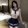Pure & playful college uniform lingerie set featuring a sheer lace top with a sailor collar and matching pleated skirt, perfe...