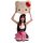 A woman wearing a cute kitty cat maid costume set, featuring a black and white dress with pink accents, holding a large hello...