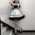 Japanese maid costume dress featuring black and white colors, cute anime schoolgirl design with ruffles and bow details, perf...