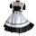 Japanese maid costume dress featuring black and white colors, cute anime lolita style with ruffled sleeves and skirt, perfect...
