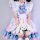 A cute pink and blue maid dress with ruffled sleeves and skirt, featuring a large blue bow and pink paw print, perfect for co...