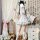 A woman models a sweet lolita maid dress set featuring a floral kimono, apron, and ruffled skirt, perfect for cosplay with bo...