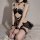 Sexy black lingerie with cat ears, open-crotch design, lace details, bondage straps, perfect for seductive play.