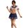 Sexy maid costume for women featuring a short navy skirt, sailor-style top with bow tie, and lace stockings, perfect for role...