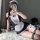 Sexy maid costume set for women featuring a black bodice with lace details, ruffled apron, headband, fishnet stockings, and g...