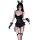 Woman in black rabbit girl lingerie set with bunny ears, lace corset, gloves, and fishnet stockings.