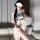 Vintage-inspired sheer chiffon hanfu dress with elegant floral embroidery, paired with a delicate palace-style dudou fan, per...