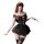 Elegant black lace teddy dress with off-shoulder design, featuring sheer stockings and a mask, perfect for seductive allure.