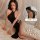 Elegant black high-waist split bodycon nightdress set with sexy design, perfect for intimate wear and sleepwear.