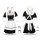 Japanese lolita maid costume set featuring a black lace bodice with white apron, thigh-high stockings, and maid accessories f...