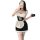 A woman models a black and white maid costume set, featuring a corseted bodice, apron, and lace stockings, perfect for sleepw...
