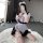 Anime maid costume for women featuring a transparent loli lolita outfit with sheer lace and ribbon details, perfect for cospl...