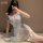 Sexy deep v lace corset set - sheer pearl mesh maid costume with waist-cinching design for women