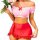 Off-shoulder pink top with ruffles and red bow, paired with a red ruffled skirt, perfect for womens sexy lace sleepwear set.