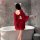 Red sheer lace sleep dress with open back and flowing sleeves, perfect for sensual nightwear.