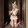 A woman poses playfully wearing a white bunny-themed lingerie set, featuring a bustier top, mini skirt, and stockings, creati...