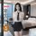 Elegant sensual sleepwear set featuring a white blouse with a black tie and mini skirt, perfect for luxury bedroom wear.