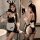 Sexy rabbit girl costume set featuring black leather outfit with white apron, bunny ears, and stockings, perfect for seductiv...