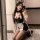 Sexy rabbit girl costume set featuring black and white lingerie outfit, perfect for seductive bunny sleepwear and bedroom pla...
