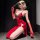 A woman poses elegantly in a red qipao-inspired bodysuit, featuring lace details and sheer gloves, embodying modest yet sensu...