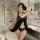 Sexy european style lace sheer halter mini dress with bow and thong set, perfect for intimate moments.