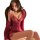 A woman sits elegantly on a chair wearing a red lace sleep set, featuring a cami top with delicate lace detailing and a flowi...